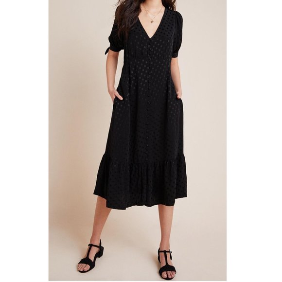 Anthropologie Maeve Eudora Midi Dress Black w/ Dot Print - Size 00 Petite 00P - Picture 1 of 10